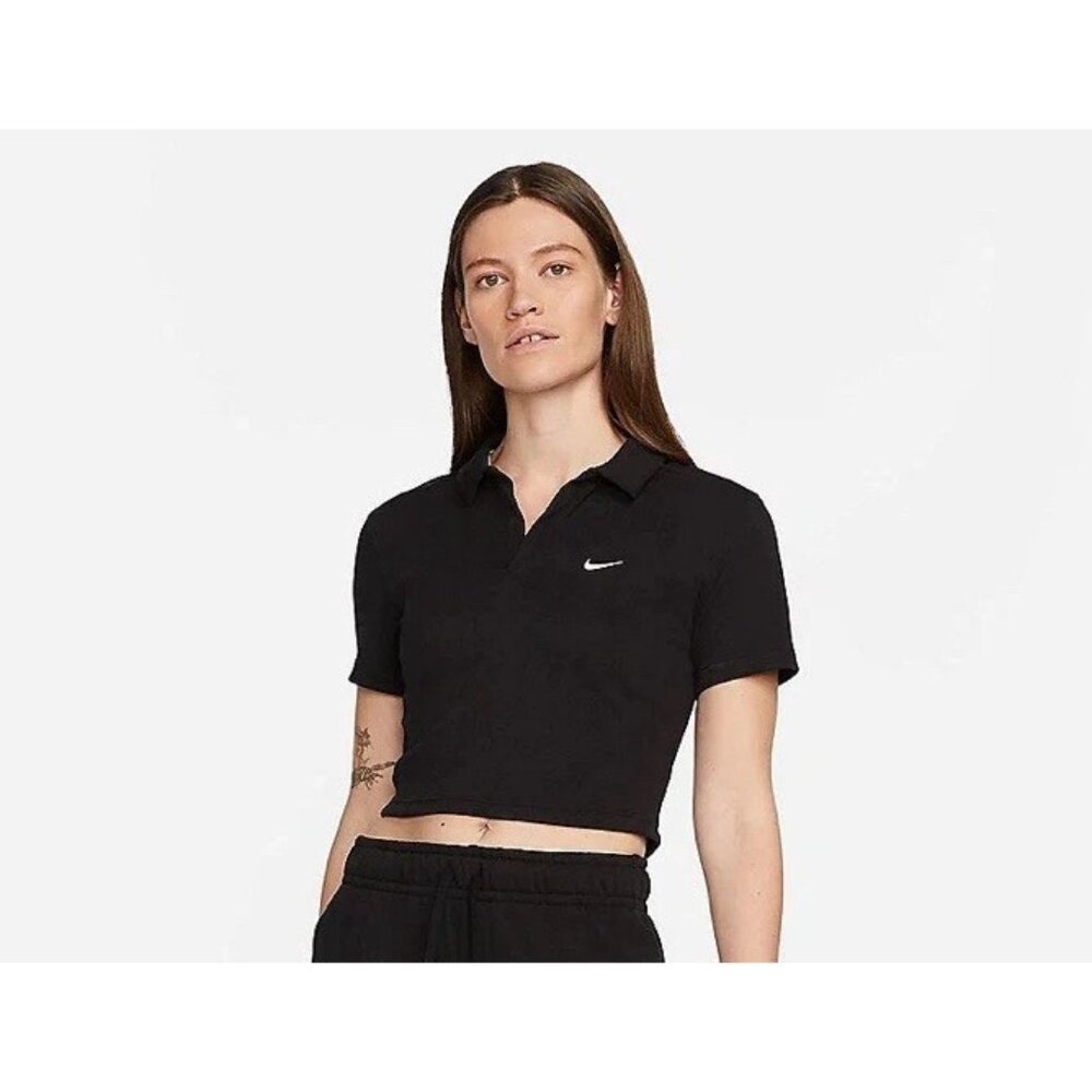 Womens Nike Sportswear Essentials Black Cropped Polo Shirt Small Black - Picture 2 of 11